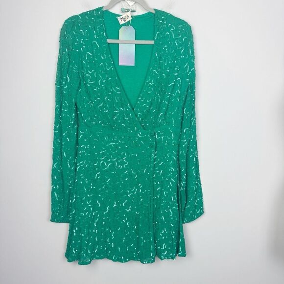 SHOW ME YOUR MUMU | NEW Phyllis Green Sequin Wrap Dress Women’s Size Medium - Picture 3 of 13